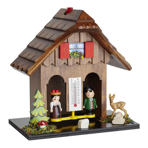 Wald Wetter Haus mit Mann und Frau Holz Chalet Barometer Thermom E5 Wetterhaus 